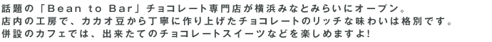 話題の「Bean to Bar」チョコレート専門店が横浜みなとみらいにオープン。店内の工房で、カカオ豆から丁寧に作り上げたチョコレートのリッチな味わいは格別です。併設のカフェでは、出来たてのチョコレートスイーツなどを楽しめますよ！