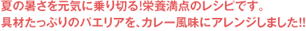 夏の暑さを元気に乗り切る！栄養満点のレシピです。具材たっぷりのパエリアを、カレー風味にアレンジしました！！